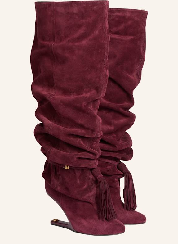 BALMAIN No Wedge Overknee-Stiefel mit Bommel aus Wildleder ROT