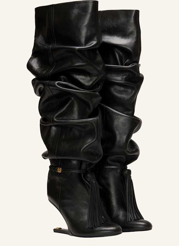 BALMAIN No Wedge Overknee-Stiefel mit Bommel aus texturiertem Leder SCHWARZ
