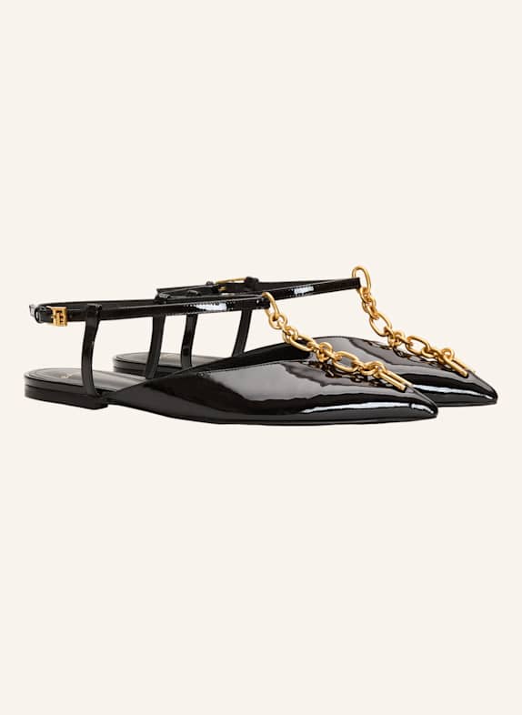 BALMAIN Flache Sync Sandalen aus Lackleder mit Kette SCHWARZ