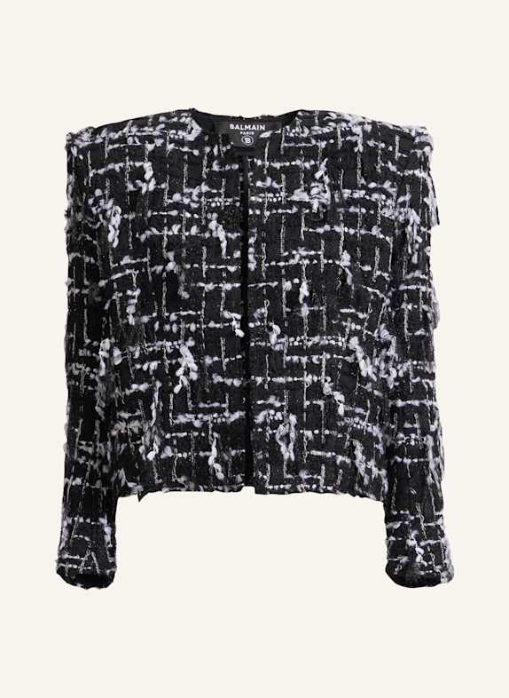 BALMAIN Spencer aus Tweed mit Fransen SCHWARZ
