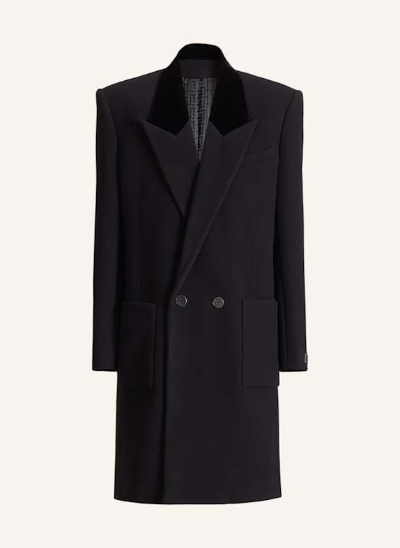 BALMAIN Langer Mantel aus Wolle und Samt SCHWARZ