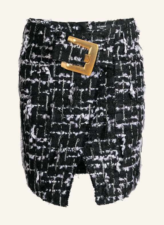 BALMAIN Tweedrock mit Gürtel und Fransen SCHWARZ