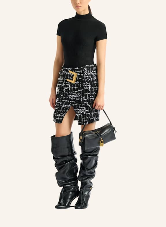 BALMAIN Tweedrock mit Gürtel und Fransen SCHWARZ