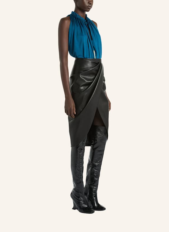 BALMAIN Halblanger, drapierter Rock aus Lammleder SCHWARZ