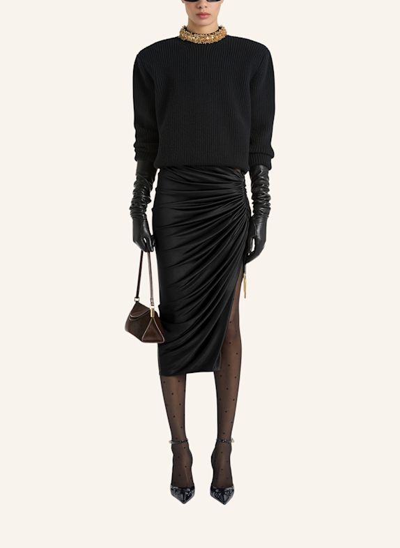 BALMAIN Halblanger Rock mit Schlitz aus fließendem Jersey SCHWARZ