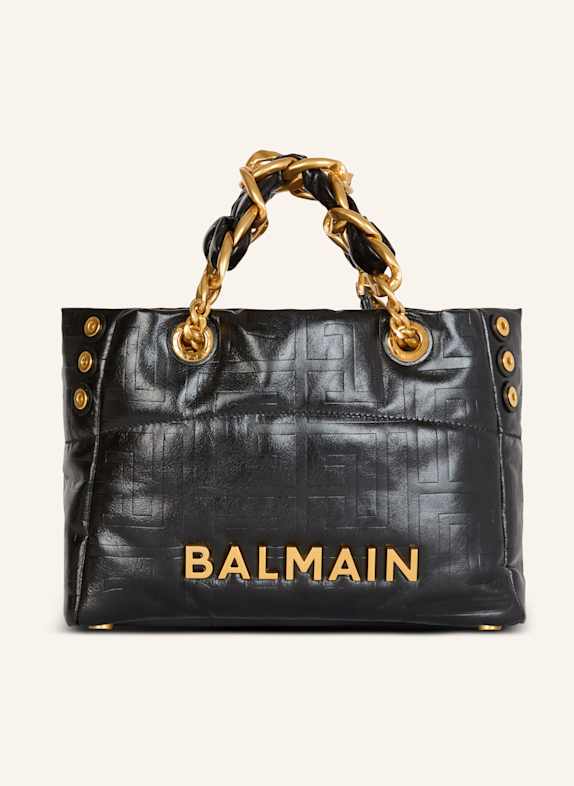 BALMAIN Kleiner Shopper 1945 Soft aus rissigem Kalbsleder mit PB Labyrinthe-Monogramm-Prägung SCHWARZ