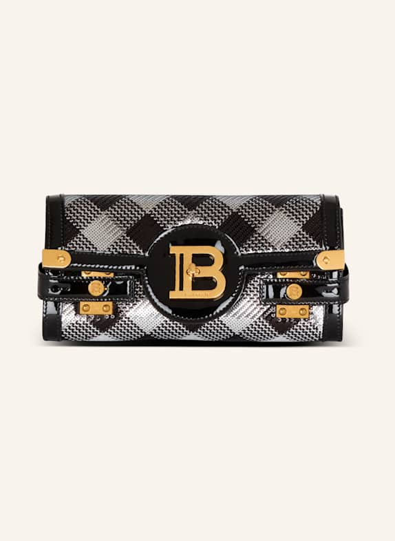 BALMAIN Pochette B-Buzz 23 mit Karo-Pailletten und Lackleder SCHWARZ