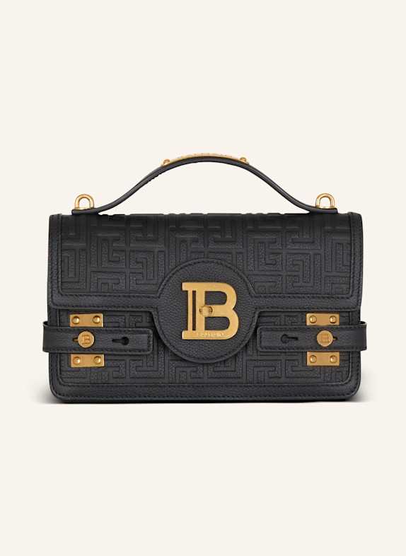 BALMAIN Tasche B-Buzz Shoulder 24 aus genarbtem Leder mit Monogramm PB Labyrinthe SCHWARZ