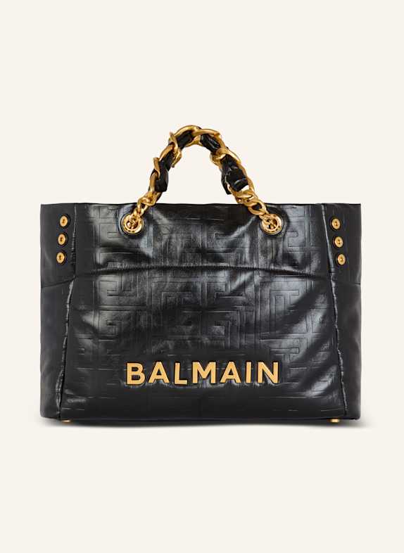 BALMAIN Shopper 1945 Soft aus rissigem Kalbsleder mit PB Labyrinthe-Monogramm-Prägung SCHWARZ