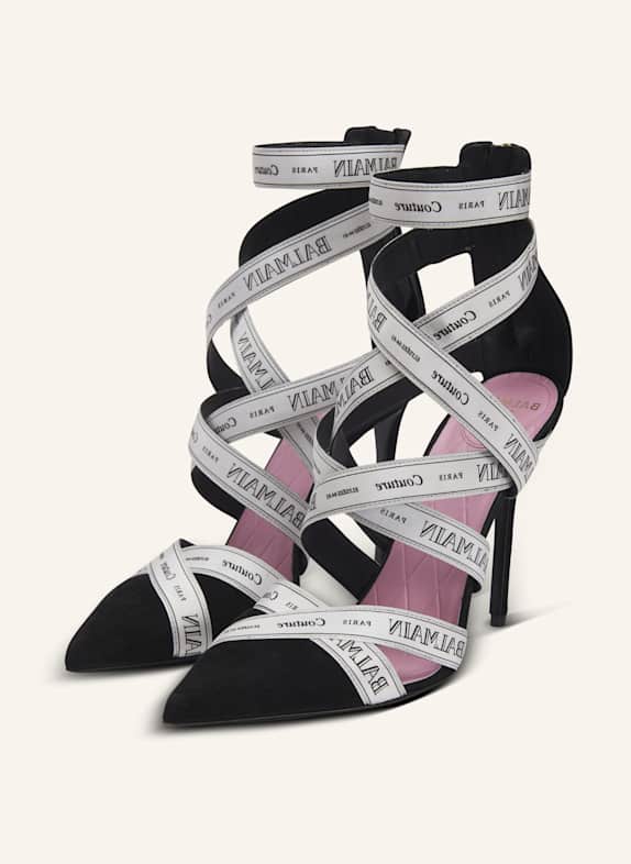 BALMAIN Sandalen Couture aus Wildleder mit Balmain Band-Muster WEISS