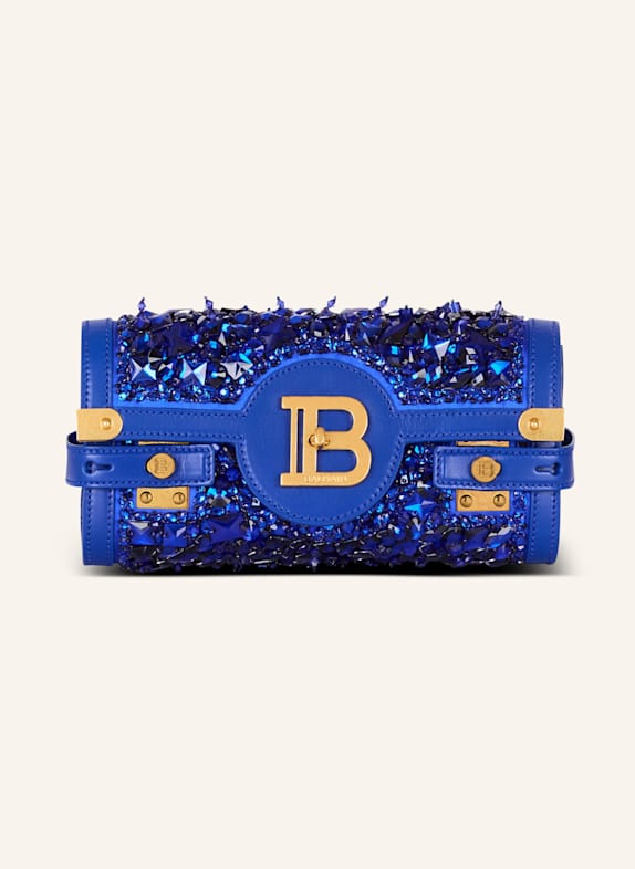 BALMAIN Clutch B-Buzz Pouch 23 aus Leder und bestickem Satin BLAU