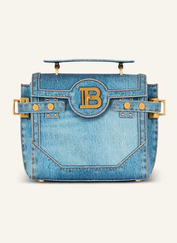 BALMAIN Tasche B-Buzz 23 aus Canvas mit Denim-Print BLAU