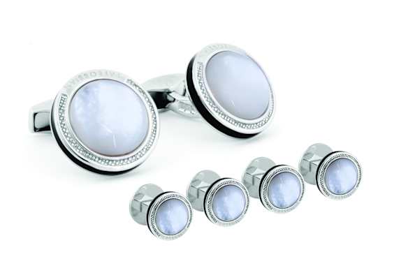 TATEOSSIAN Signature Round Manschettenknöpfe and Hemdknopf-Set in rhodiniert beschichtet Silber with Weiß MOP WEISS