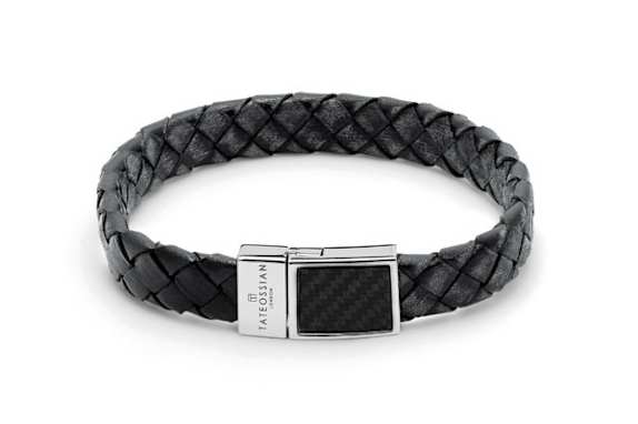 TATEOSSIAN Carbon Woven Braided Leather Bracelet with Rhodium Plated in Black SCHWARZ