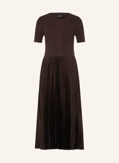 BOSS Kleid FADRIDI im Materialmix mit Plissees DUNKELBRAUN