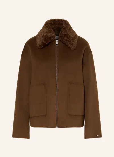 TOMMY HILFIGER Kastenjacke mit abnehmbarem Kunstfell-Kragen BRAUN