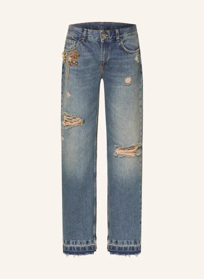 LIU JO Straight Jeans mit Schmucksteinen 79240 Den.Blue dirty clips