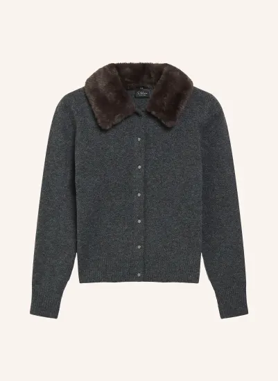 s.Oliver BLACK LABEL Strickjacke mit Kunstfell DUNKELGRAU / DUNKELBRAUN
