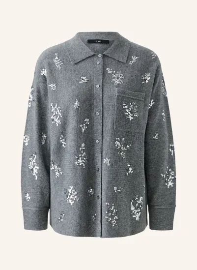 Oui Strickbluse mit Pailletten GRAU / SILBER
