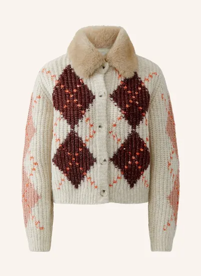 Oui Strickjacke mit abnehmbarem Kunstfell-Kragen CREME / ALTROSA / DUNKELROT