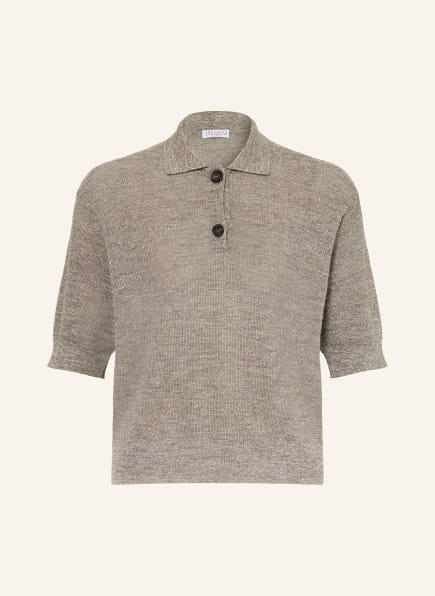 BRUNELLO CUCINELLI Knitted polo shirt with linen and glitter yarn