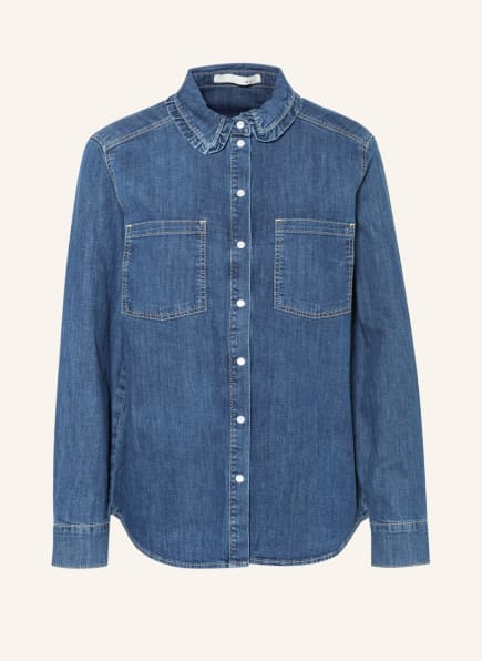 oui Denim overshirt with ruffle trim in 