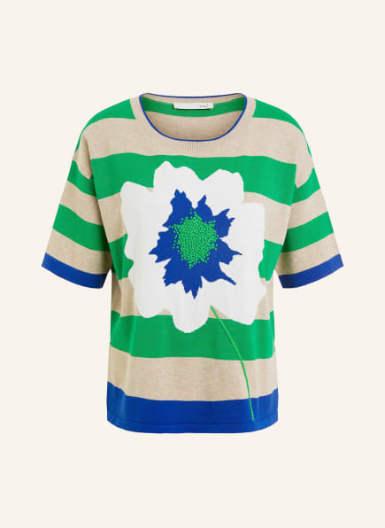 oui Kurzarm-Pullover mit Stickereien, Farbe: BEIGE/ GRÜN/ BLAU (Bild 1)