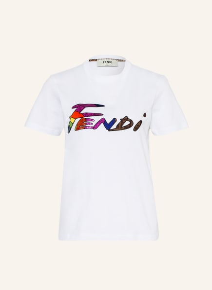 FENDI T-Shirt mit Pailletten, Farbe: WEISS/ FUCHSIA/ BRAUN (Bild 1)