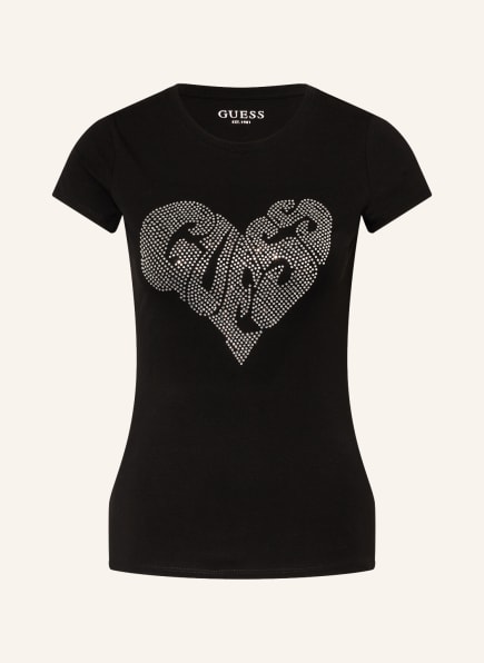 GUESS T-shirt HEART R3 with decorative gems, Color: BLACK (Image 1)