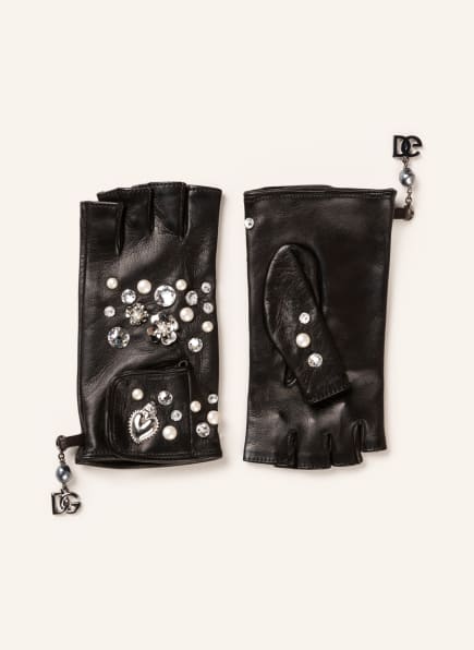 DOLCE & GABBANA Leather gloves with decorative gems, Color: BLACK (Image 1)
