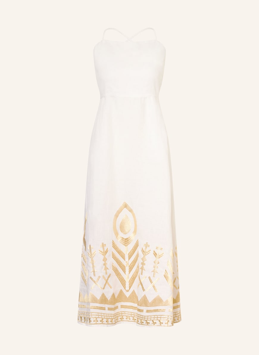 Greek Archaic Kori FEATHER linen beach dress with glitter thread in ecru /  gold