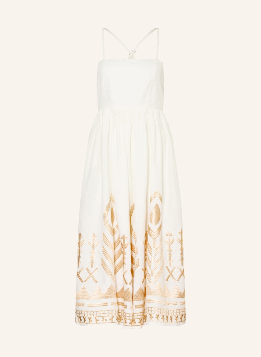 Greek Archaic Kori FEATHER linen beach dress with glitter thread in white /  gold