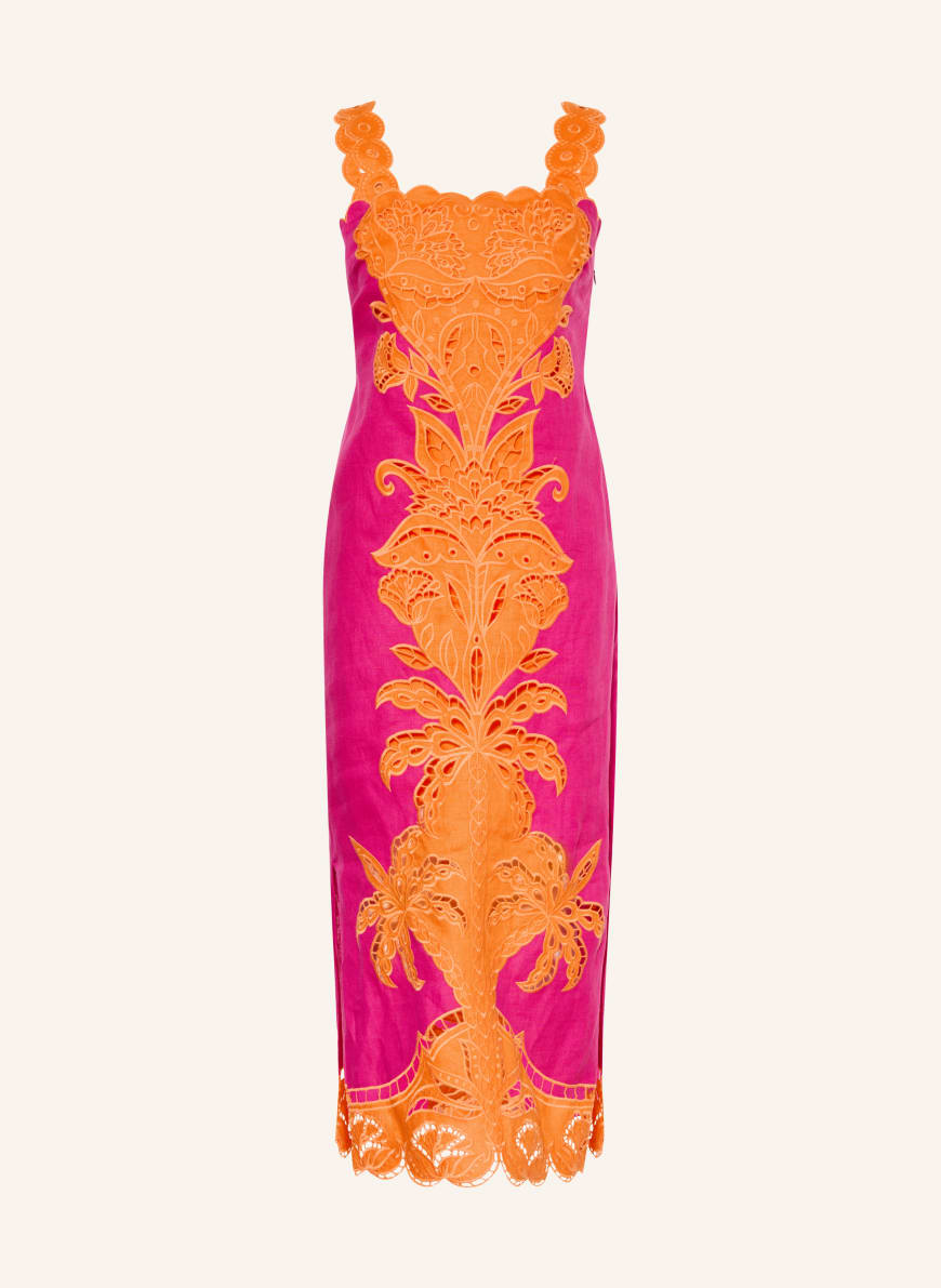FARM RIO Linen dress with eyelet lace in pink / orange
