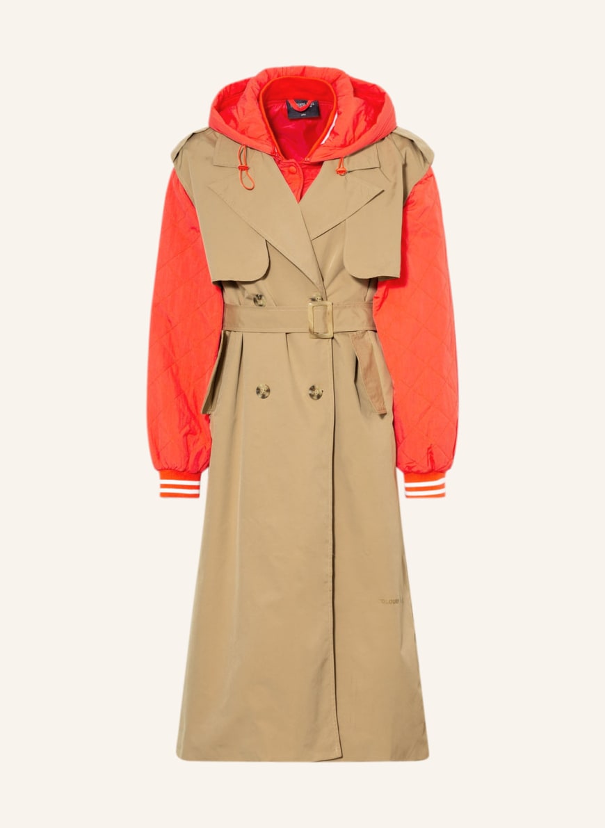 COLOURFUL REBEL 2-in-1 trench coat in mixed materials with detachable hood, Color: BEIGE/ RED (Image 1)