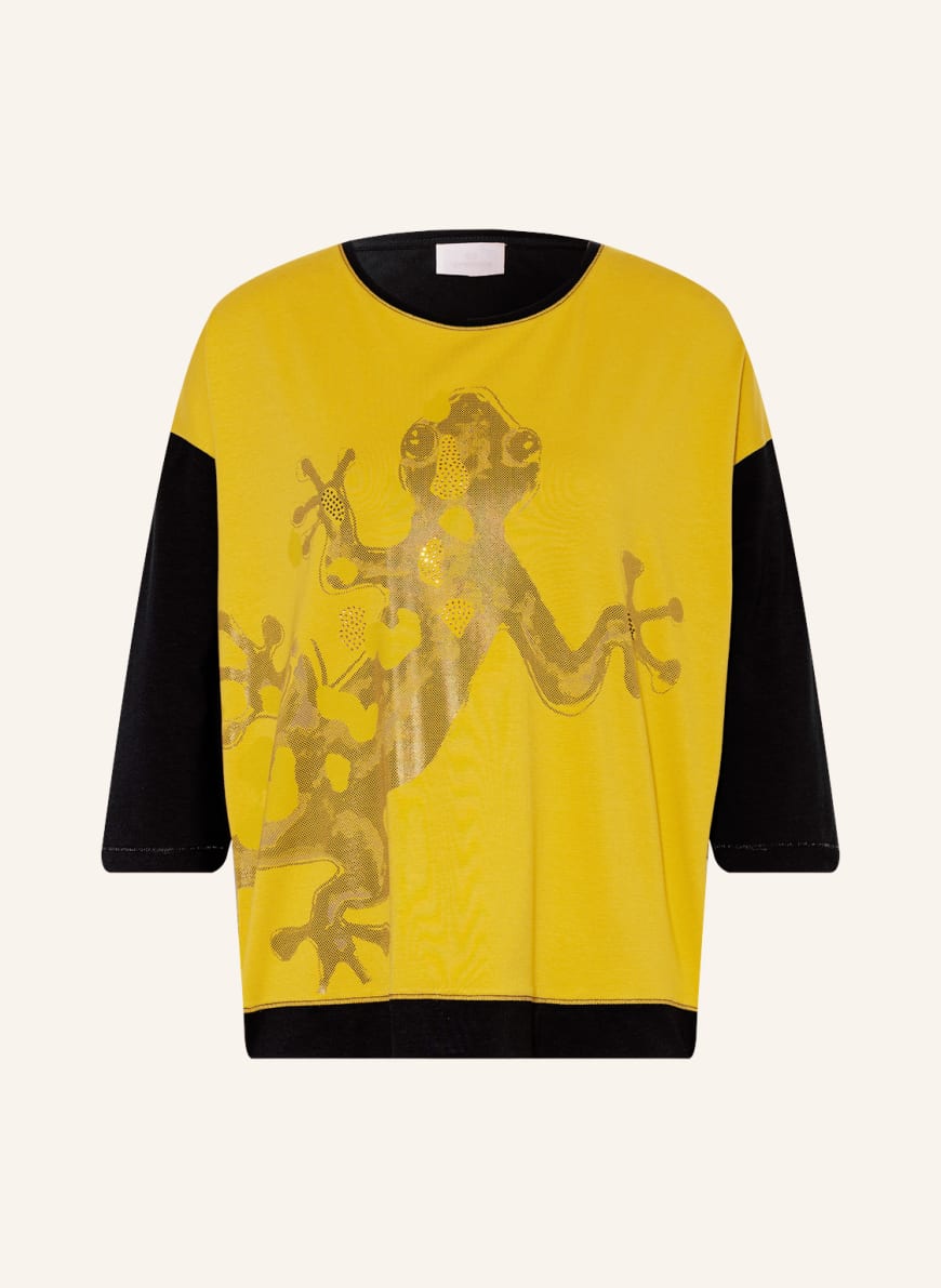 SPORTALM Long sleeve shirt in mixed materials with decorative gems, Color: DARK YELLOW/ BLACK(Image 1)