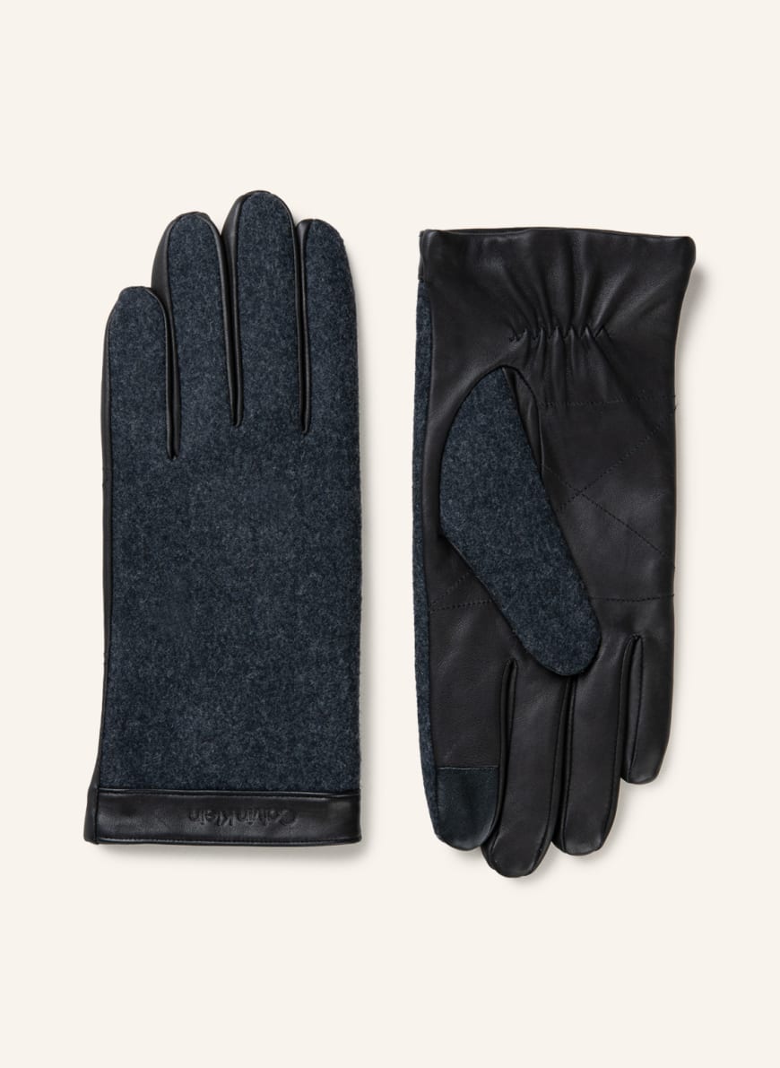 Calvin Klein Leather gloves with felt touch screen function, Color: BLACK/ DARK GRAY(Image 1)