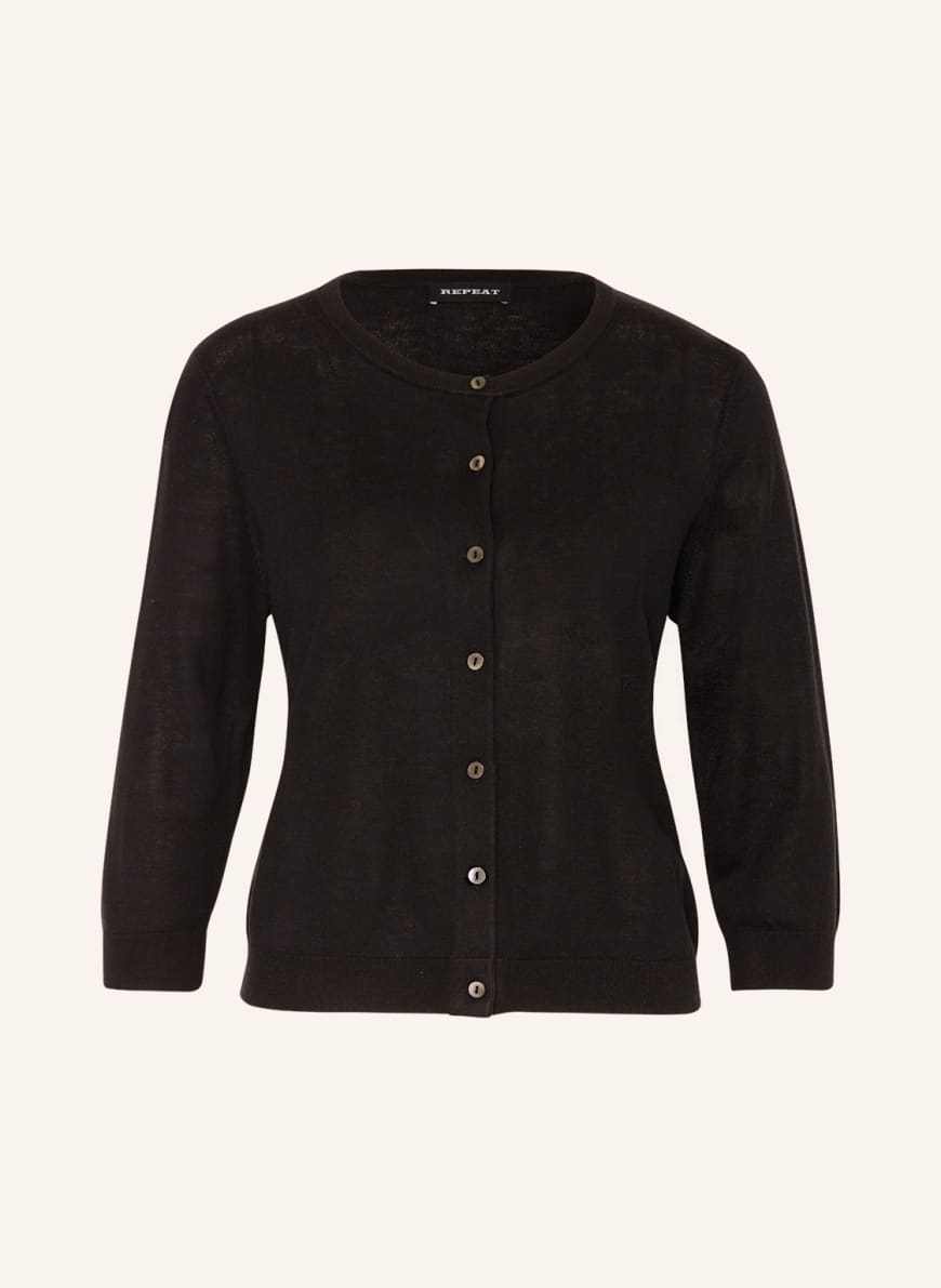 REPEAT Cardigan made of silk with 3/4 sleeves, Color: BLACK(Image 1)