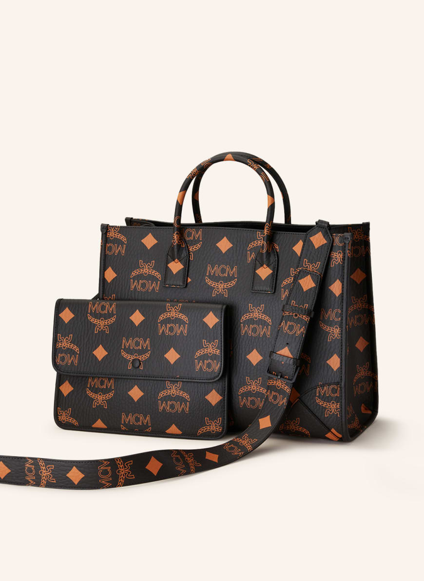 MCM Shopper M NCHEN LARGE with pouch in black cognac