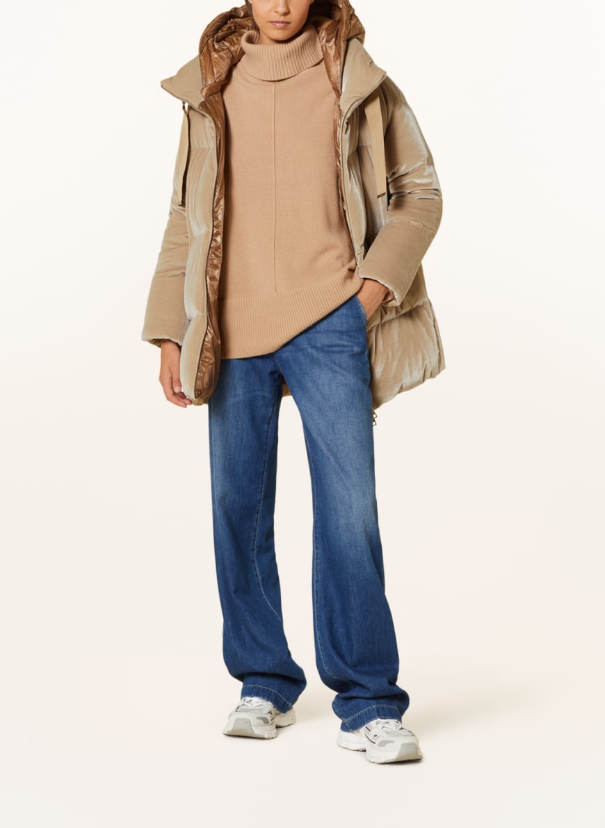 HERNO Velvet down jacket with detachable hood in light brown