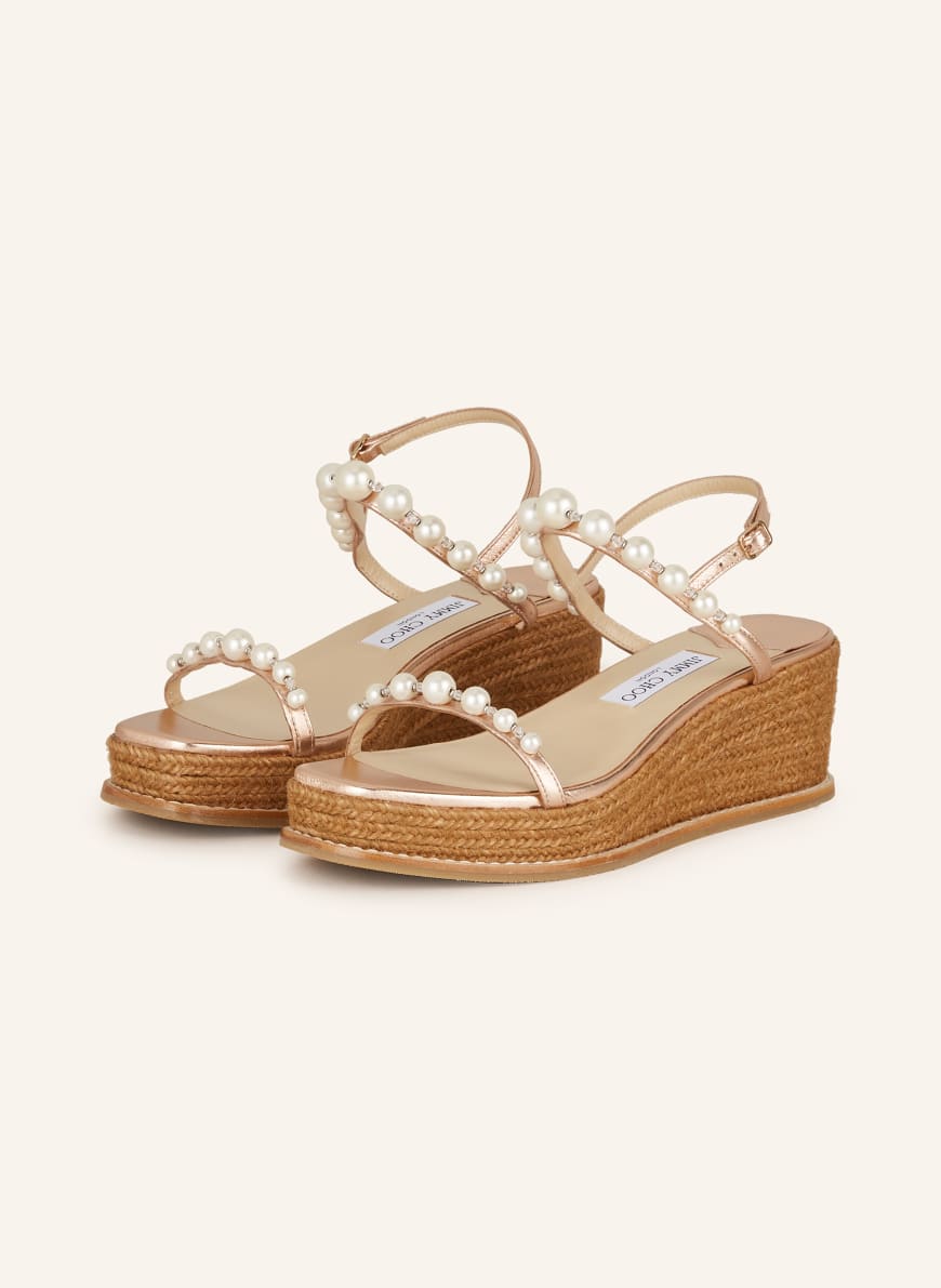 JIMMY CHOO Sandały na platformie AMATUUS 60 z ozdobnymi perełkami kolor  różowozloty/ biały