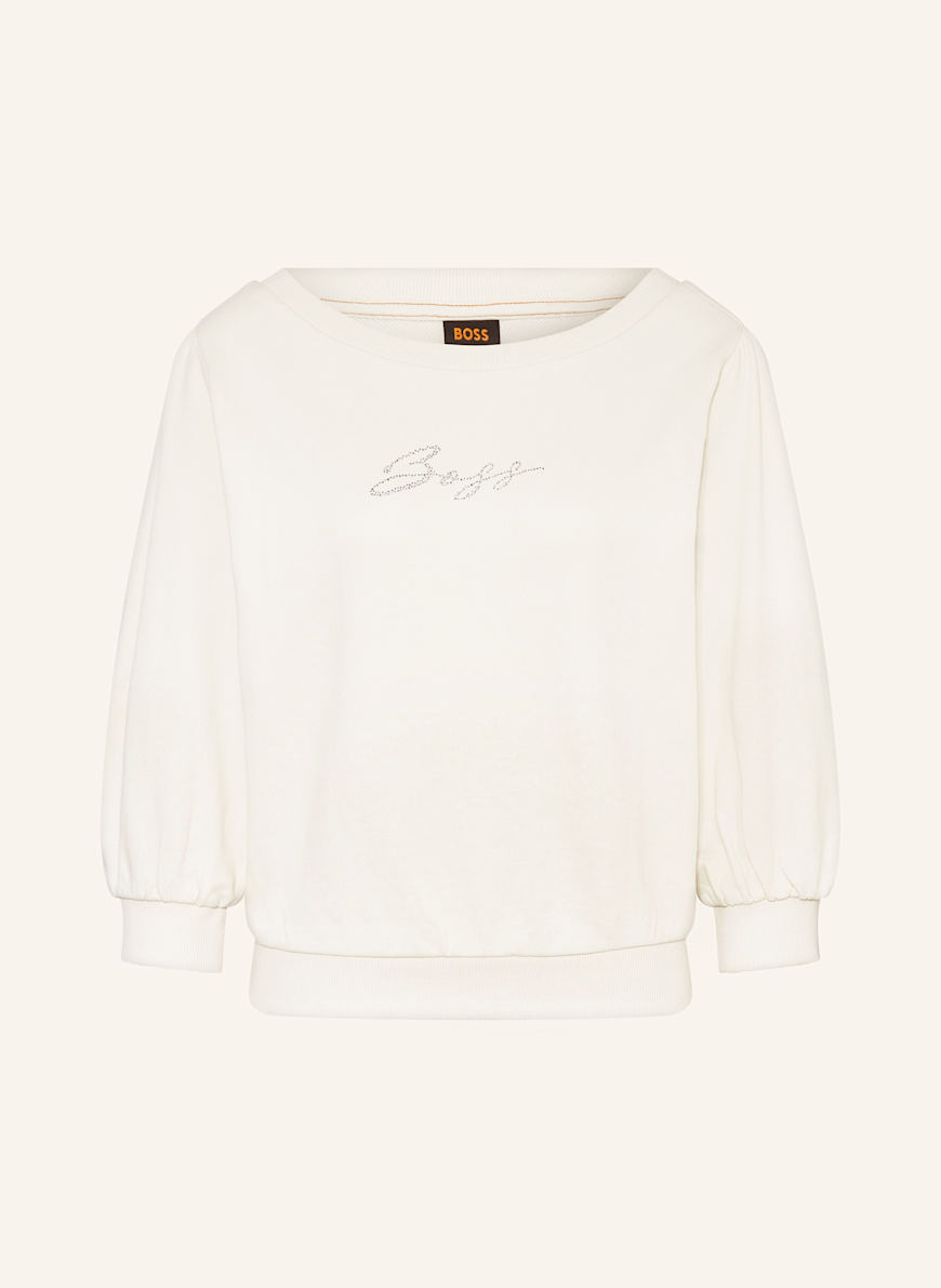BOSS Sweatshirt EMAY mit 3/4-Arm und Schmucksteinen: WEISS