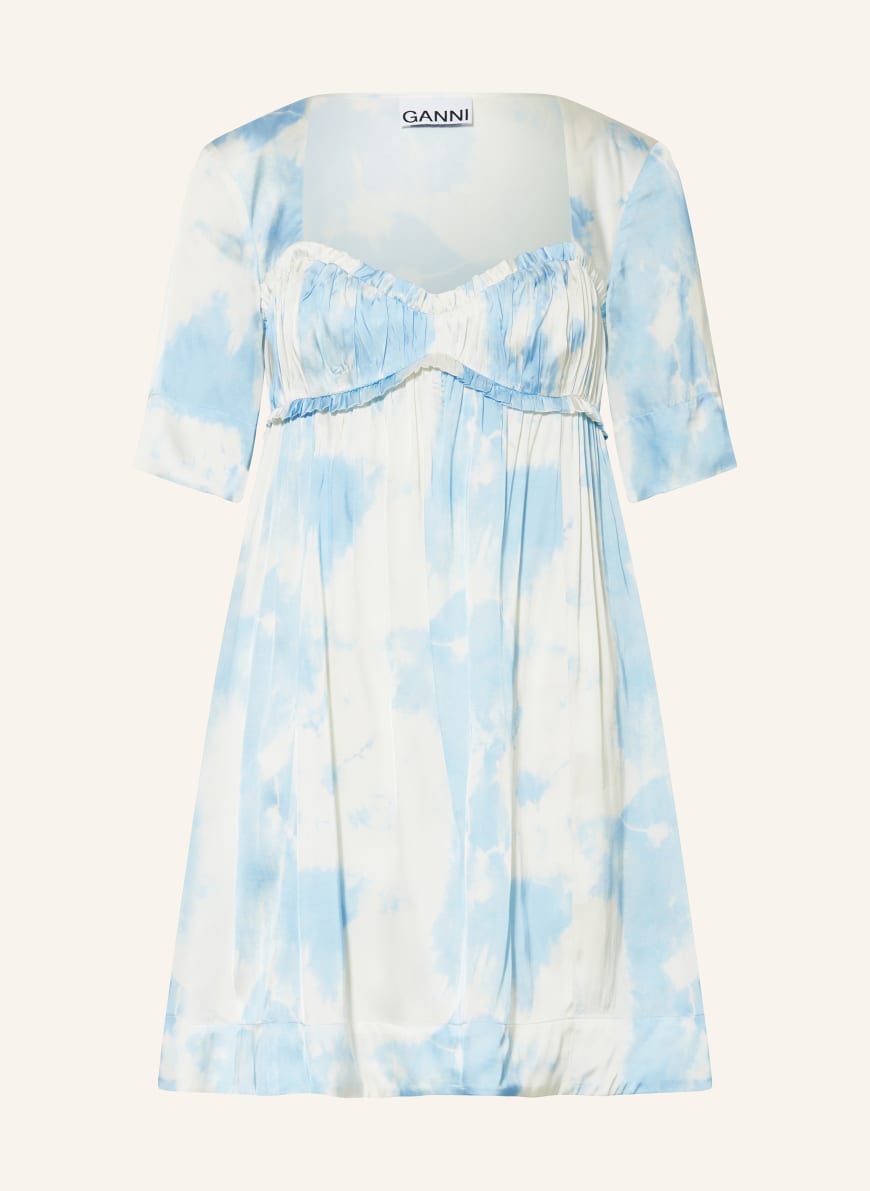 GANNI Satin dress with ruffles in light blue / white