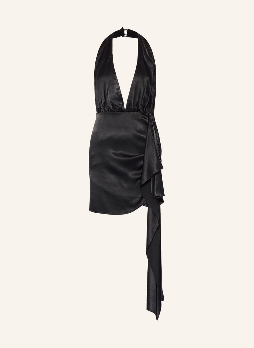 Black satin halterneck wrap bodycon dress on sale