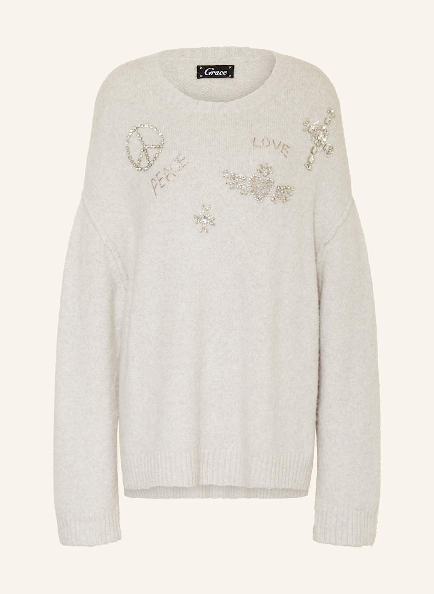 Grace Oversized-Pullover mit Alpaka und Schmucksteinen in hellgrau