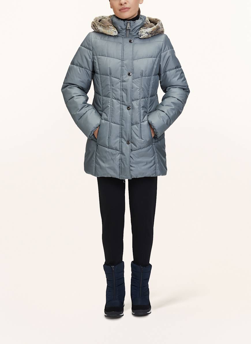 Betty Barclay Quilted jacket with detachable hood and faux fur in blue gray