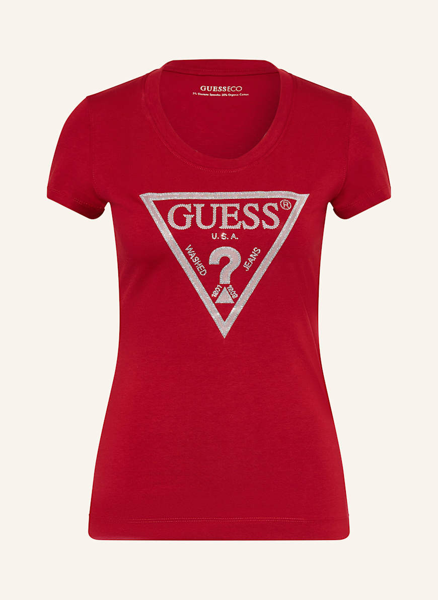 GUESS T-Shirt mit Schmucksteinen: DUNKELROT