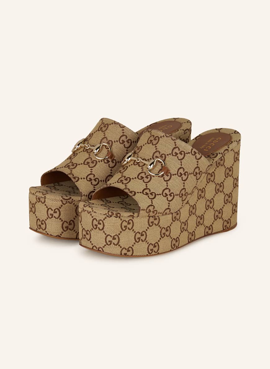 GUCCI Klapki na platformie kolor 2547 camel ebony/sundial