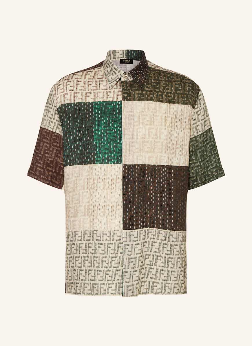 FENDI Kurzarm-Hemd Regular Fit aus Leinen: CREME/ GRÜN/ BRAUN