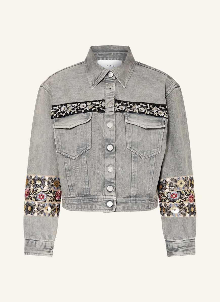 Jeansjacke mit Pailletten und Schmucksteinen in grau