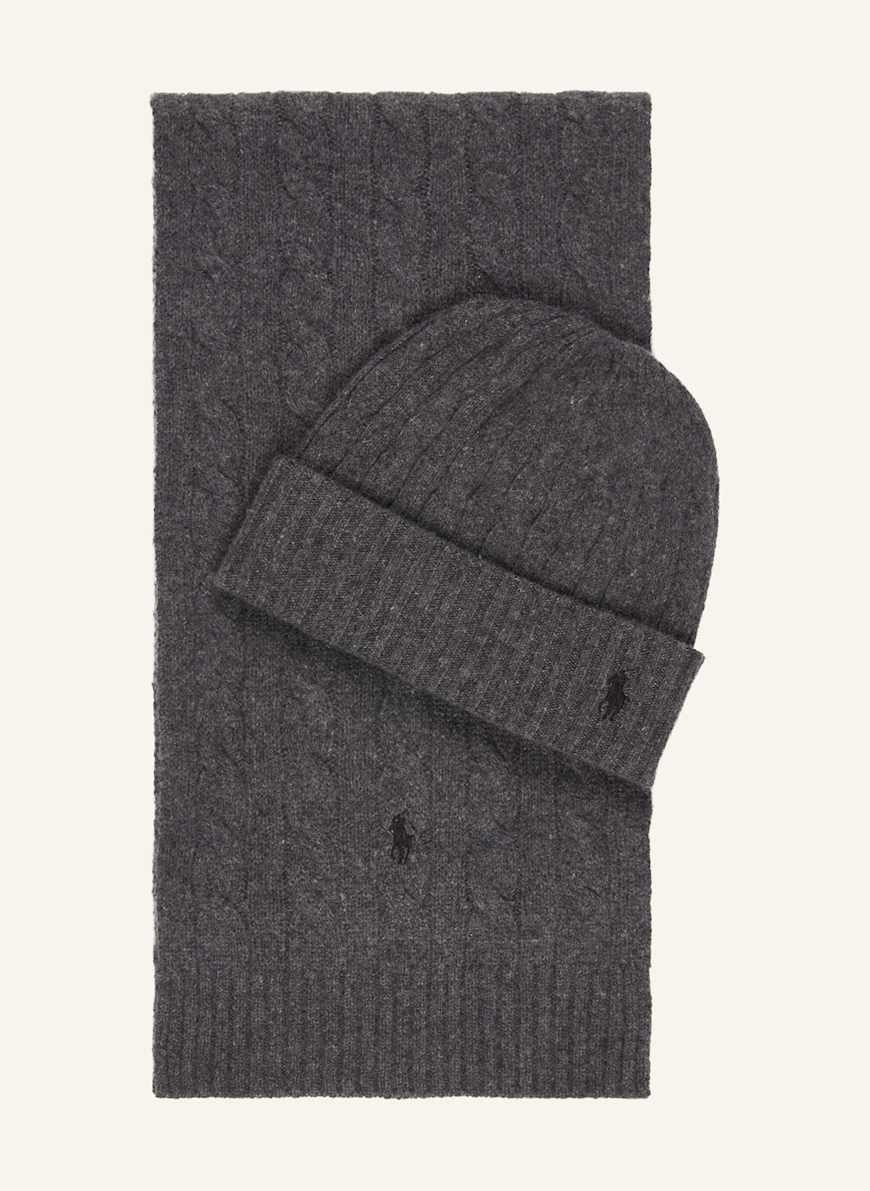 POLO RALPH LAUREN Set: Cashmere scarf and hat in dark gray